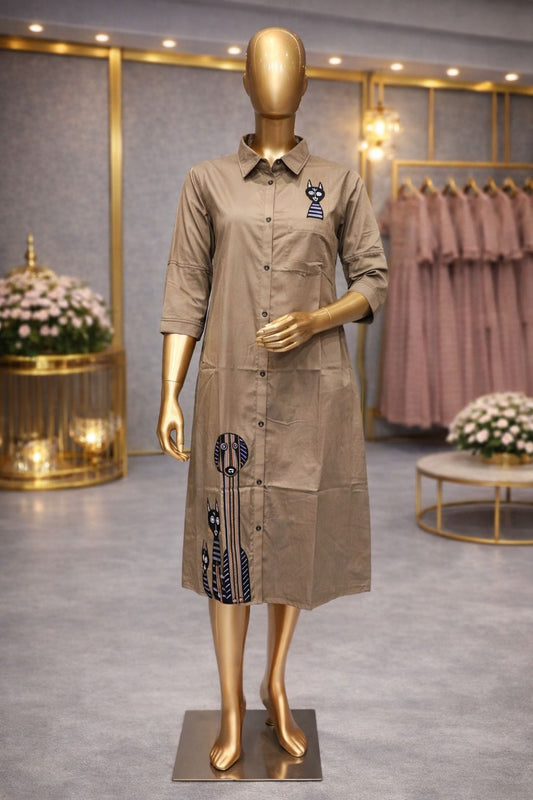 Desert Beige Cotton Silk Tunic Dress with Artistic Applique Embroidery