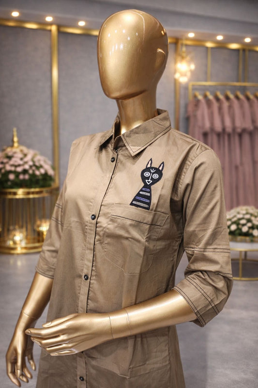 Desert Beige Cotton Silk Tunic Dress with Artistic Applique Embroidery