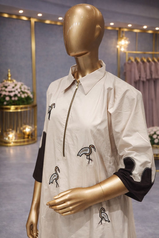 Ivory Cream Cotton Silk Tunic Dress with Sequin, Beads & Zardozi Bird Embroidery