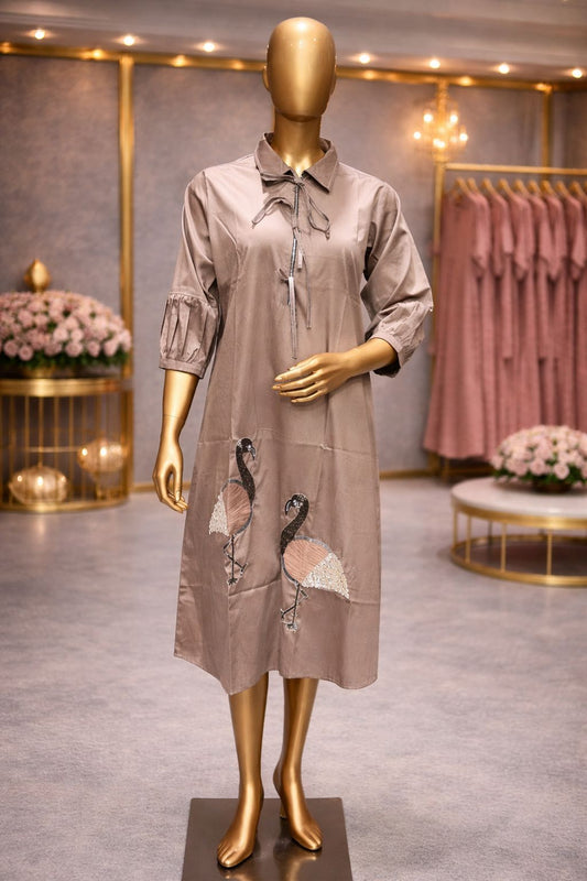 Elegant Taupe Cotton Silk Tunic Dress with Kardana, Sequin & Sippi Flamingo Embroidery