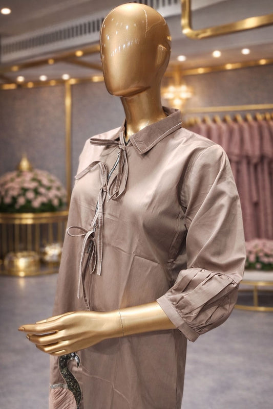 Elegant Taupe Cotton Silk Tunic Dress with Kardana, Sequin & Sippi Flamingo Embroidery
