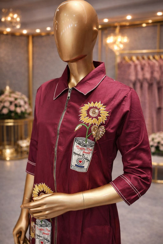 Radiant Wine Red Cotton Silk Tunic Dress with Beads, Sequin & Resham Floral Embroidery