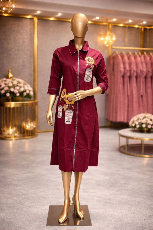 Radiant Wine Red Cotton Silk Tunic Dress with Beads, Sequin & Resham Floral Embroidery