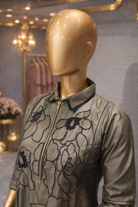 Olive Grey Cotton Silk Tunic Dress with Elegant Beads & Thread Floral Embroidery