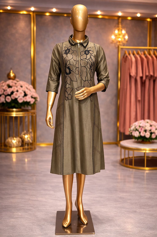 Olive Grey Cotton Silk Tunic Dress with Elegant Beads & Thread Floral Embroidery