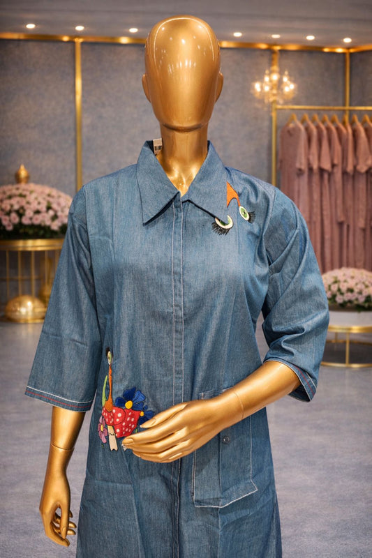 Dusty Blue Denim Tunic Dress with Playful Resham Embroidery Motifs