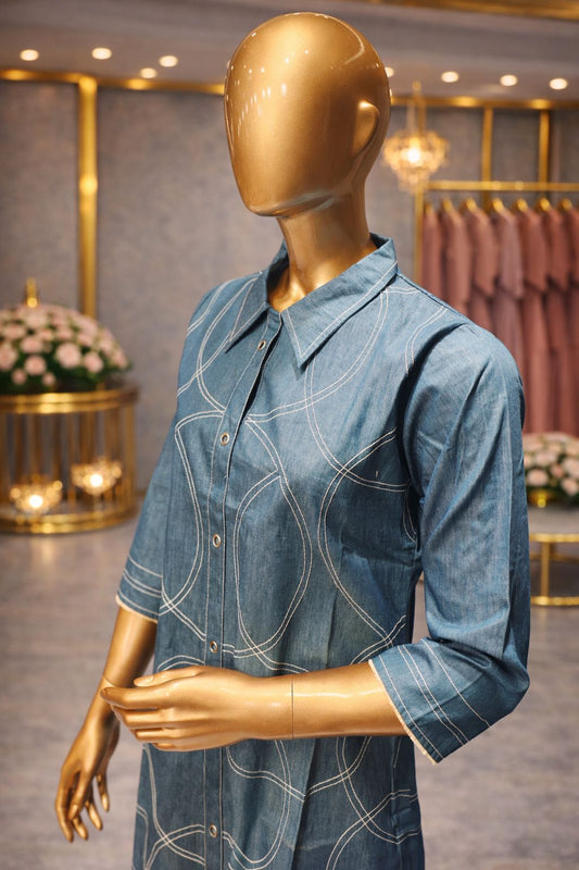 Classic Steel Blue Denim Tunic Dress with Contemporary Thread Work Patterns