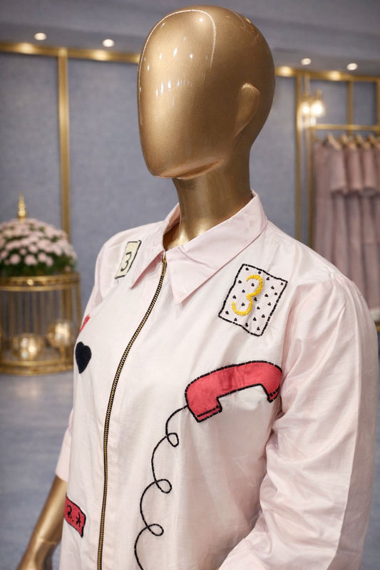 Blush Pink Cotton Silk Tunic Dress with Playful Beads Embellished Motifs