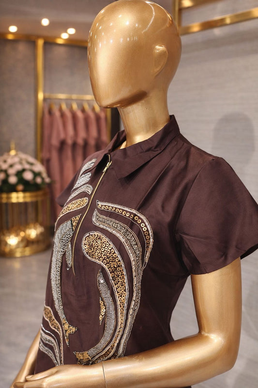 Rich Chocolate Brown Cotton Silk Tunic Dress with Antique Beads & Copper Sequin Embroidery