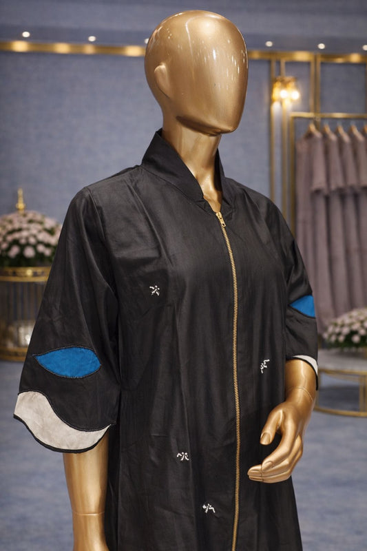 Midnight Black Cotton Silk Tunic Dress with Beads & Sequin Nautical Embroidery