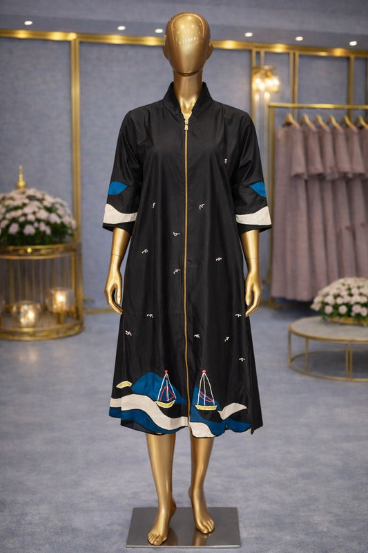 Midnight Black Cotton Silk Tunic Dress with Beads & Sequin Nautical Embroidery