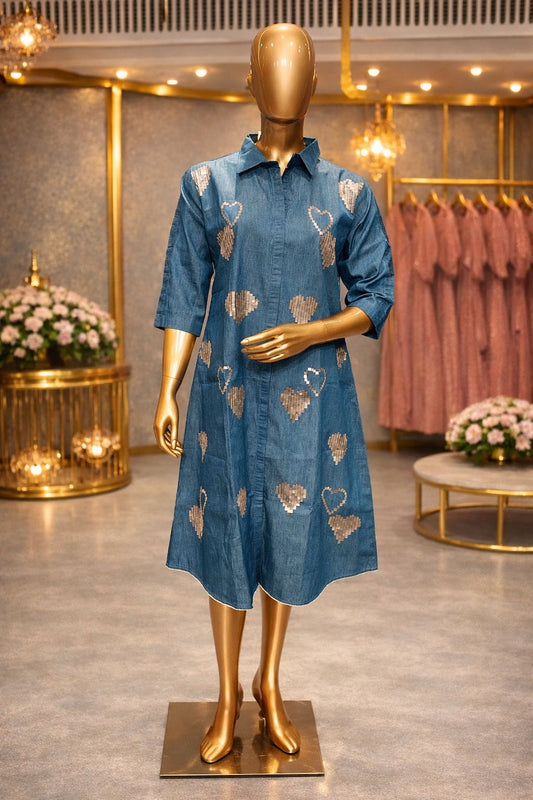 Denim Blue Tunic Dress with Shimmering Water Sequin Heart Embellishments