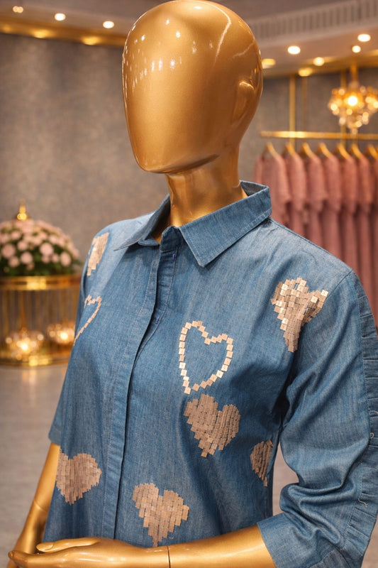 Denim Blue Tunic Dress with Shimmering Water Sequin Heart Embellishments