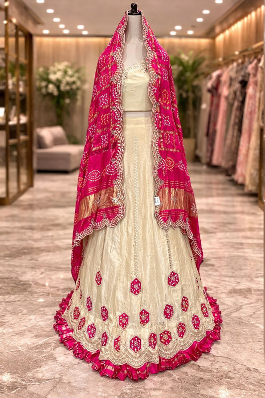 Royal Rose Pink Tissue Lehenga with Handcrafted Kardana Beads & Gotta Patti Work