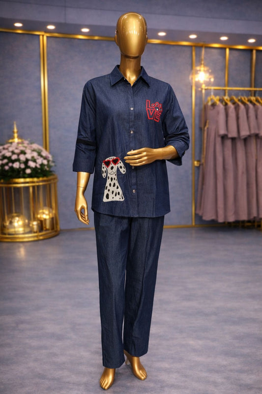 Indigo Denim Cotton Indo-Western Coat Set with Resham Embroidery