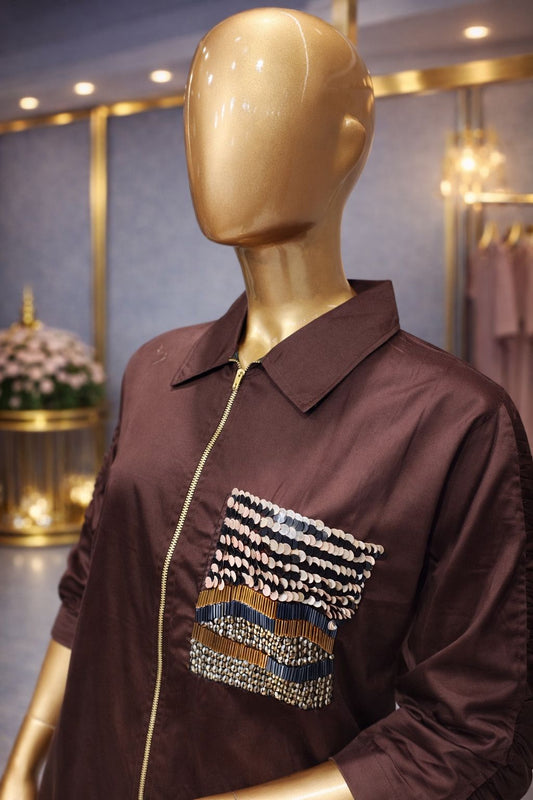 Chic Chocolate Brown Embellished Indo-Western Coat Set with Kardana & Sequin Work