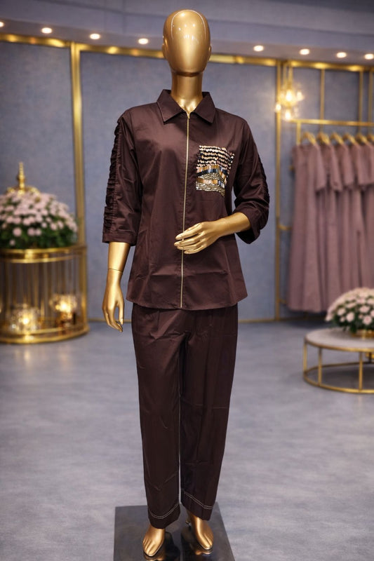 Chic Chocolate Brown Embellished Indo-Western Coat Set with Kardana & Sequin Work