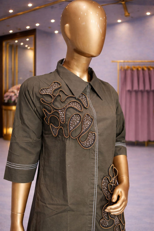 Olive Green Indo-Western Coat Set with Matte Copper & Sequin Embellishment
