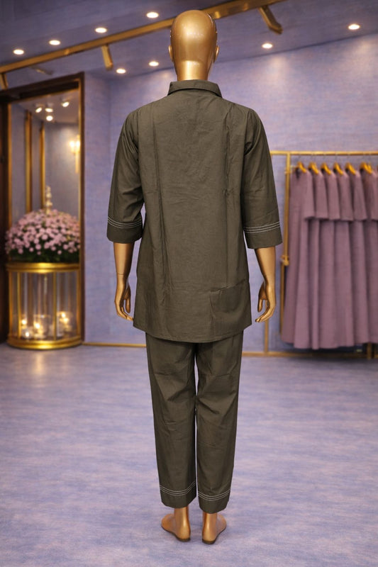 Olive Green Indo-Western Coat Set with Matte Copper & Sequin Embellishment