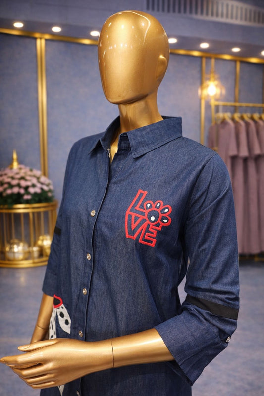 Indigo Denim Cotton Indo-Western Coat Set with Resham Embroidery