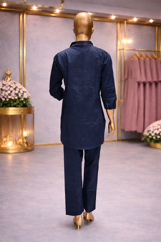 Elegant Midnight Blue Coat Set with Statement Silver Danka Handwork