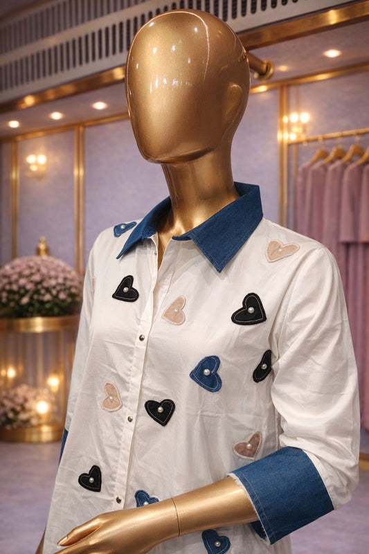 White & Denim Blue Casual Coat Set with Applique & Beads Work