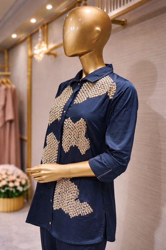 Elegant Midnight Blue Coat Set with Statement Silver Danka Handwork