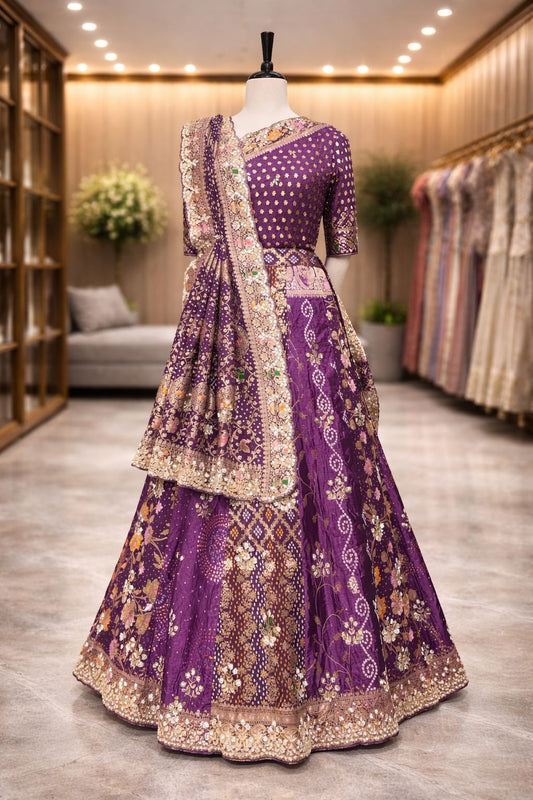 Regal Purple Bridal Lehenga with Intricate Handcrafted Zardozi & Gotta Patti Work