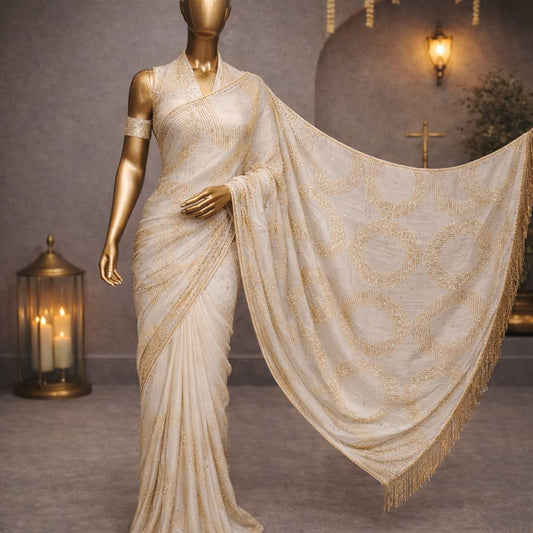 Elegant White Mulberry Silk Saree with Sequence & Kardana Work, A Timeless Party Wear Statement for Women