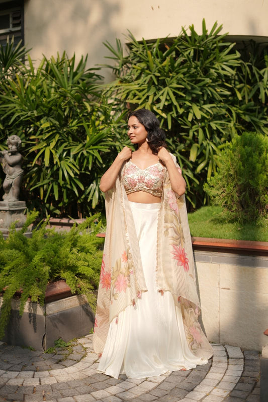 Ivory Blossom Crepe Silk Indo Western Set with Floral Handwork & Elegant Shrug Style