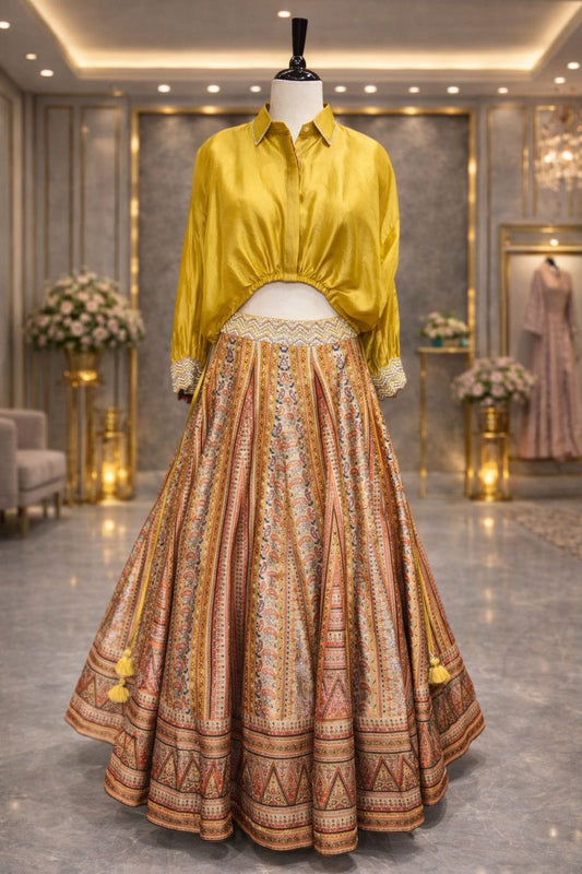 Sunlit Fusion Silk Indo Western Set with Statement Printed Skirt & Chic Shirt-Style Top
