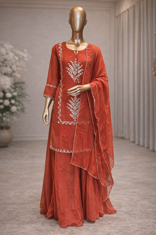 Rust Royalty Indo Western Kurti & Skirt Set with Gotta Patti and Zardoji Elegance