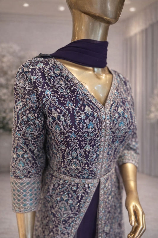 Midnight Purple Elegance Indo Western Set with Intricate Resham & Sequin Embroidery
