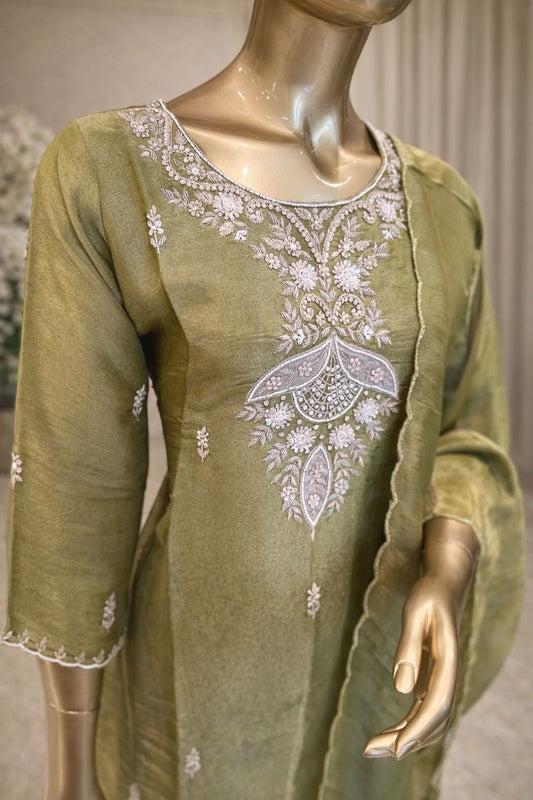 Olive Grace Tissue Silk Indo Western Kurti Set with Hand Zardoji & Kardana Elegance