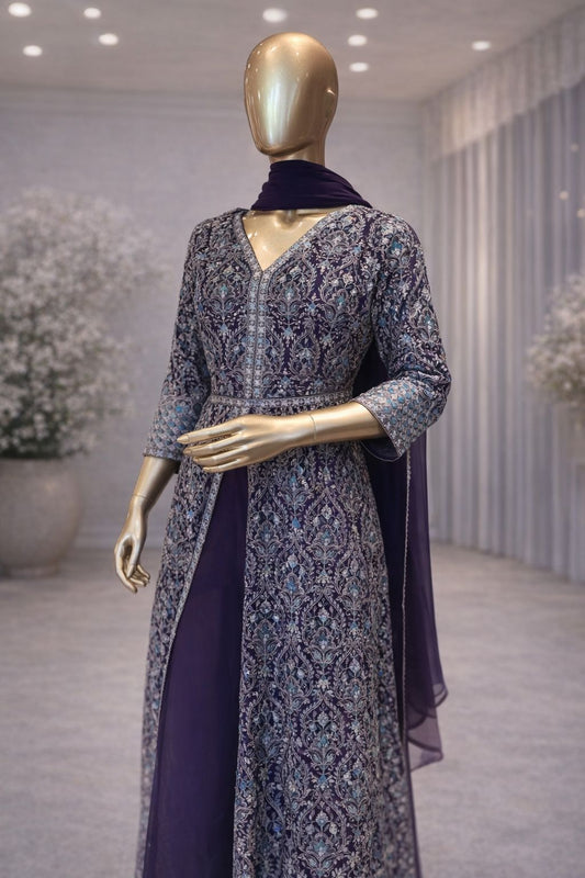 Midnight Purple Elegance Indo Western Set with Intricate Resham & Sequin Embroidery