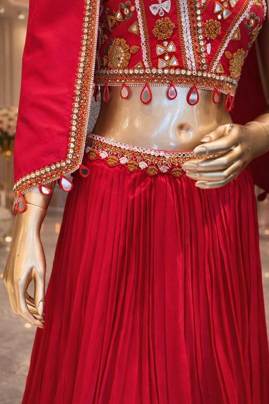 Cherry Glow Indo Western Skirt Set with Mirror Work Designer Blouse