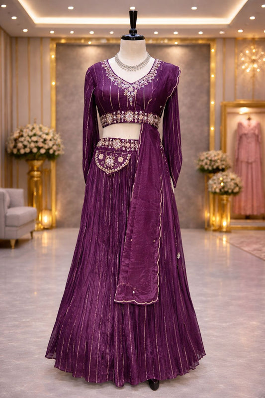 Deep Purple Elegance Indo Western Set with Embellished Crop Top & Attached Dupatta