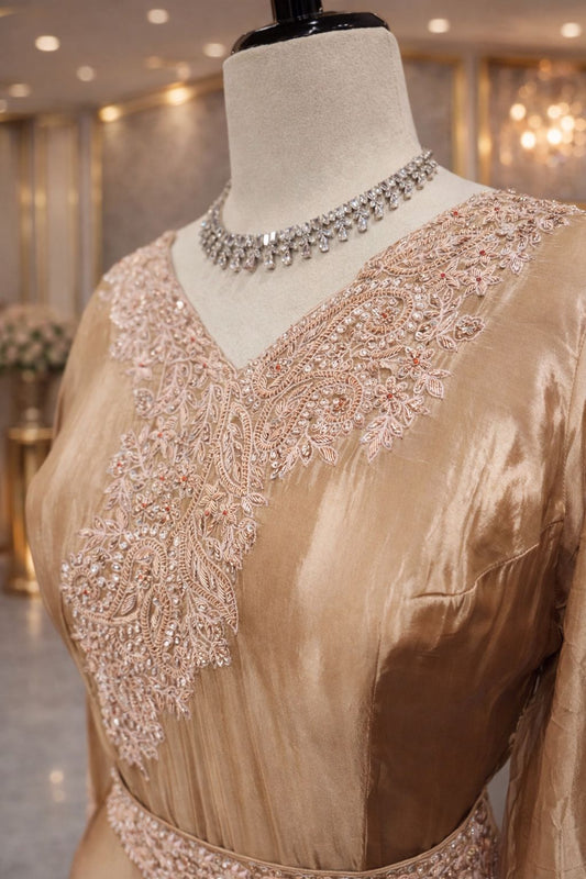 Beige Gold Grace Indo Western Gown Set with Zardoji Detailing & Elegant Dupatta