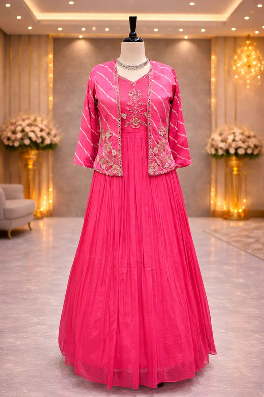 Hot Pink Charm Indo Western Gown with Leheriya Jacket & Mirror Handwork