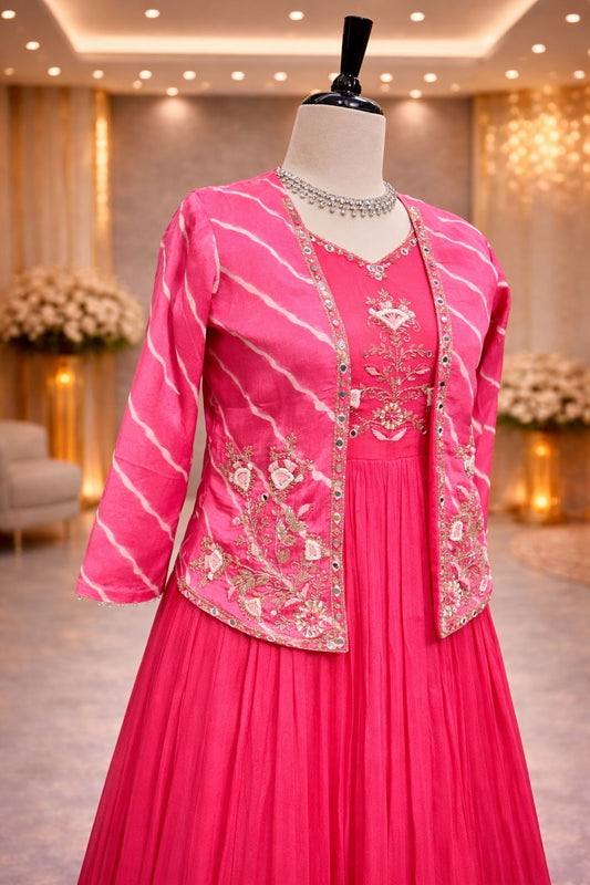 Hot Pink Charm Indo Western Gown with Leheriya Jacket & Mirror Handwork