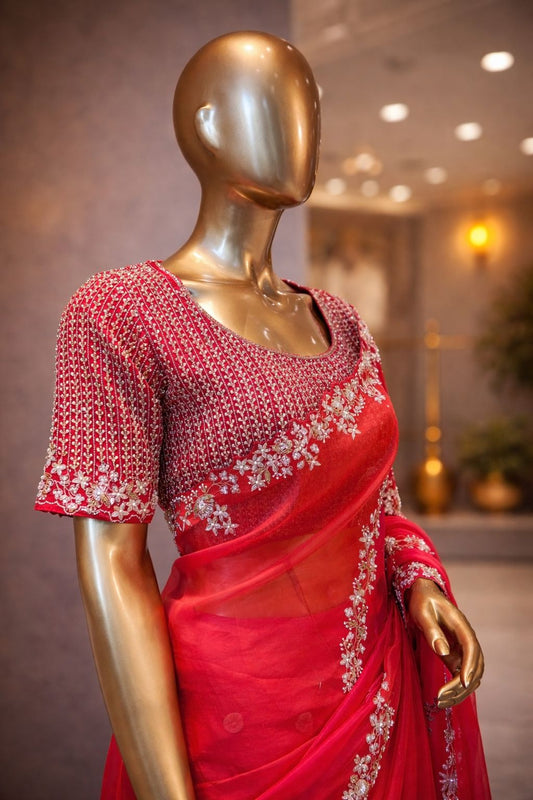 Stunning Red Organza Saree with Handcrafted Ari, Sequence & Kardana Work  Elegant Party Wear Saree for Women