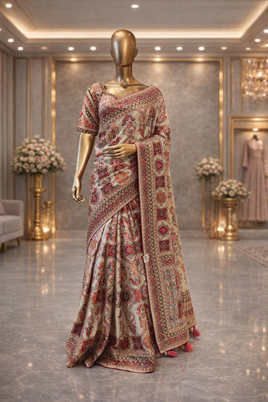 Charming Multicolor Gajji Satin Saree with Intricate Ari & Sequence Detailing Perfect Party Wear Saree for Women