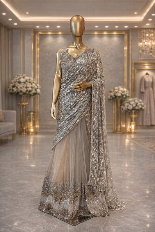 Silver Net Half-Half Saree with Sequence & Beads Work Designer Party Wear Saree for Women