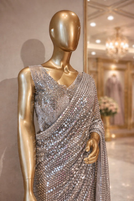Silver Net Half-Half Saree with Sequence & Beads Work Designer Party Wear Saree for Women