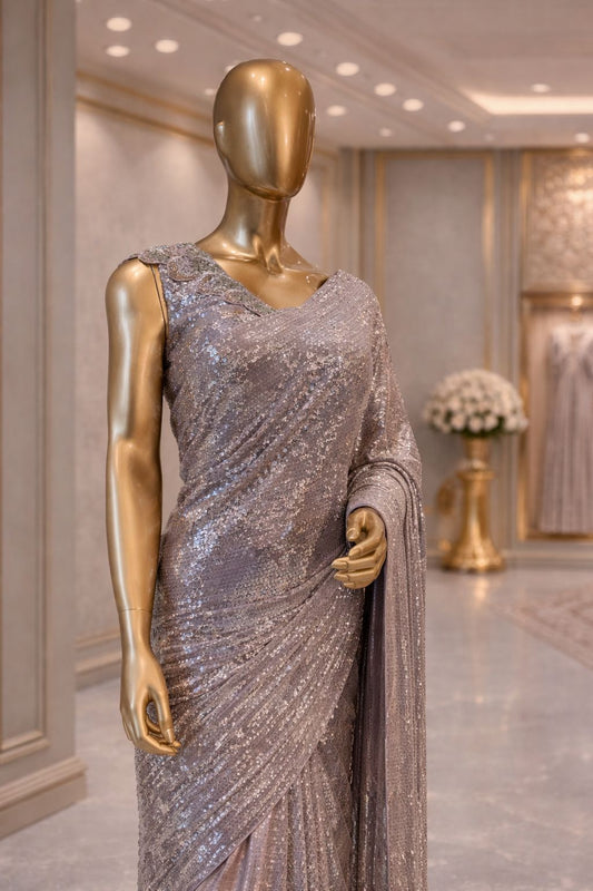 Elegant Silver Grey Net Saree with Sequence, Glitter & Beads Work – Heavy Designer Party Wear Saree for Women