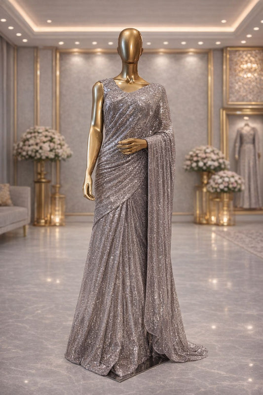 Elegant Silver Grey Net Saree with Sequence, Glitter & Beads Work – Heavy Designer Party Wear Saree for Women