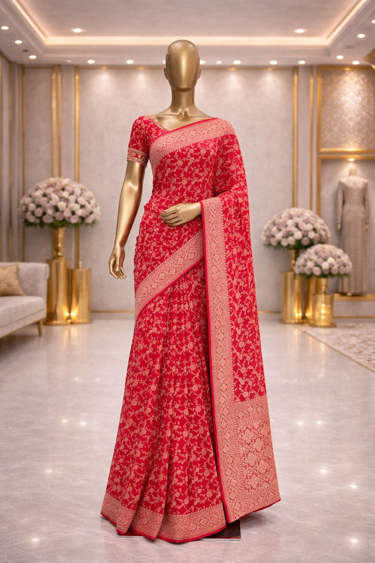 Classic Red Khaddi Georgette Bandhej Saree with Jaal Weaving – Traditional Sarees for Women