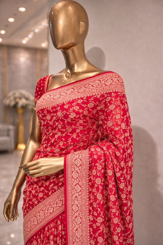 Red Gajji Satin Bandhej Saree with Ari, Gotta Patti & Zardozi Work Bridal Sarees for Women