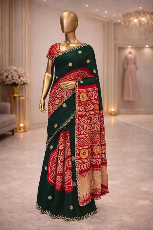 Fresh Green & Red Gajji Silk Bandhej Saree with Ari, Gotta & Aabla Work
