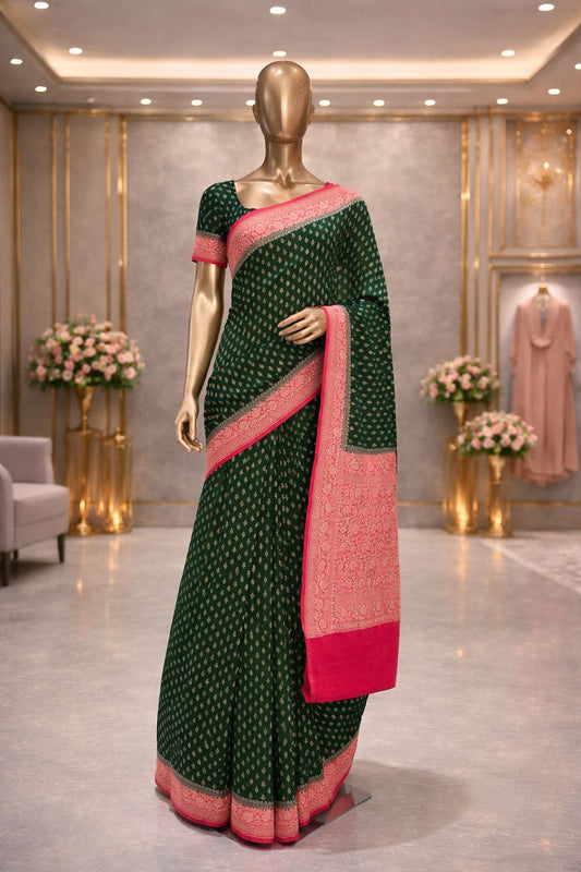 Green & Red Khaddi Georgette Bandhej Saree with Buti Weaving Traditional Sarees for Women